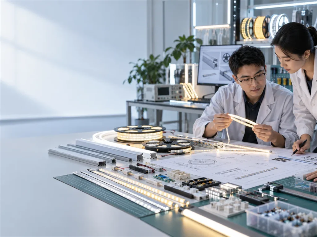 Chinese LED engineers testing COB and SMD LED strips with aluminum profiles and technical drawings