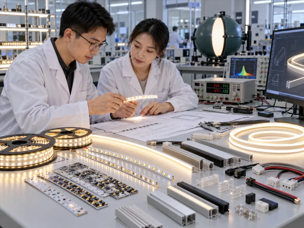 Chinese LED engineers reviewing custom LED strip samples, PCB, aluminum profiles and technical drawings in an R&D lab