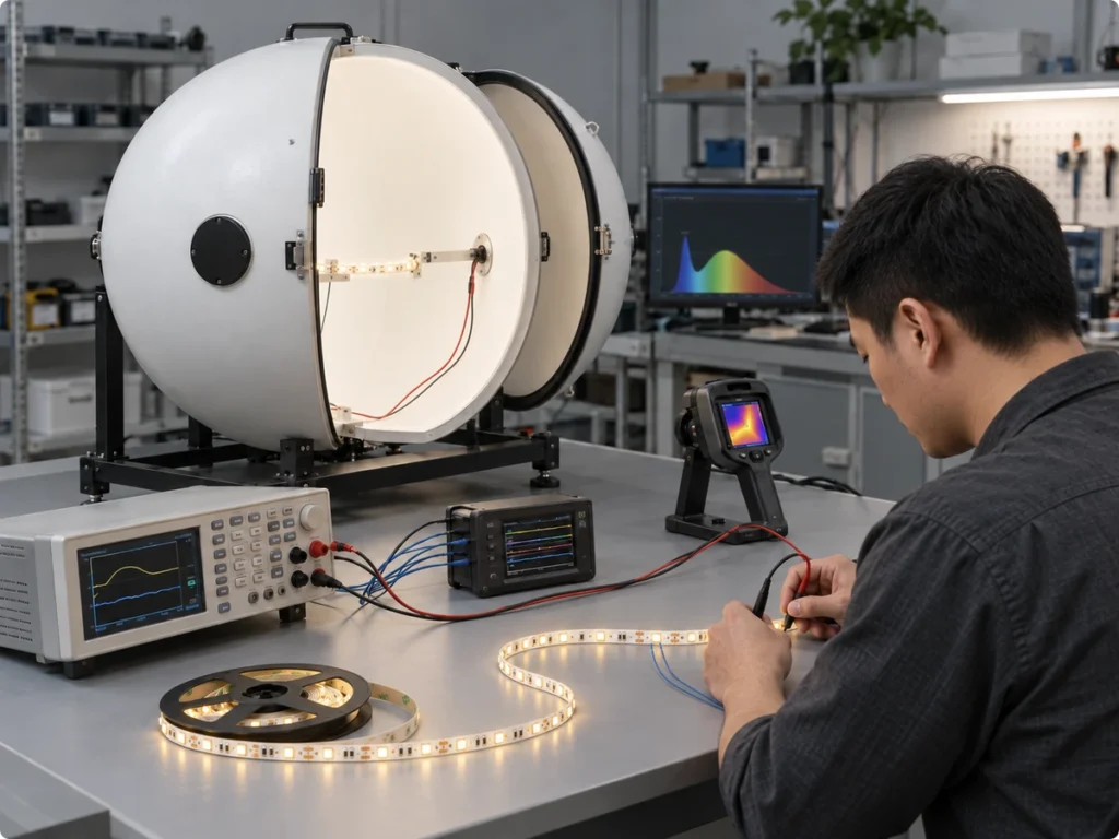 LED strip quality testing with photometric electrical and thermal validation equipment